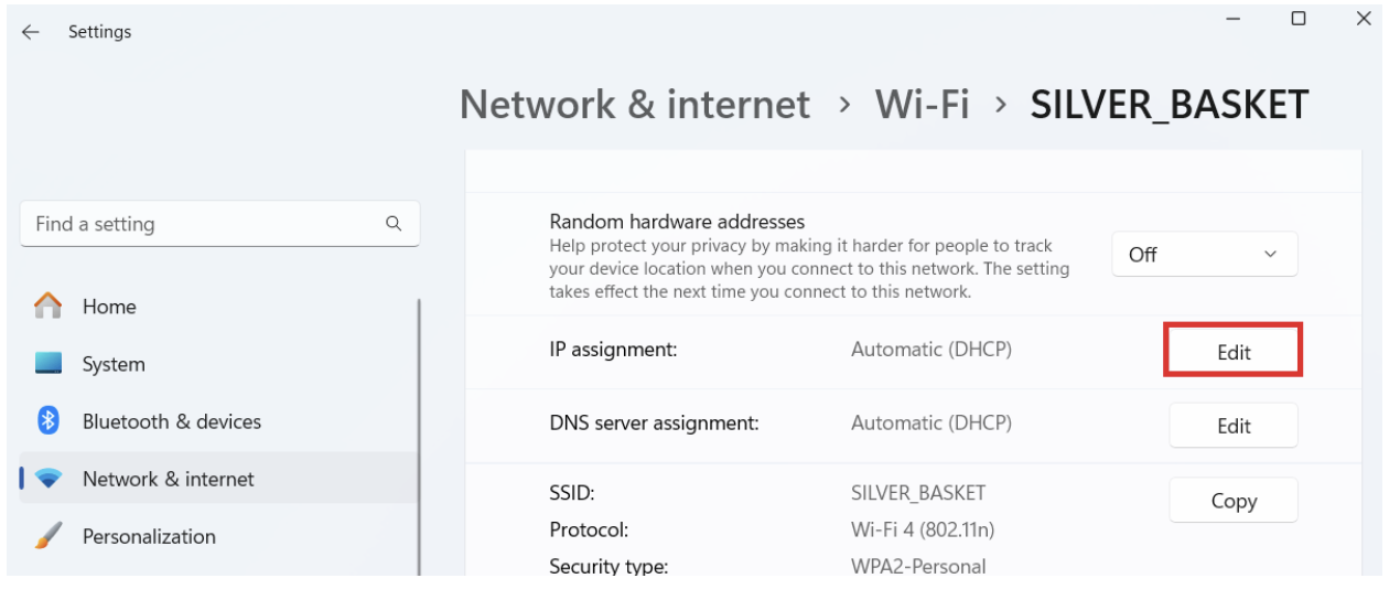 Click the Edit button under the IP assignment